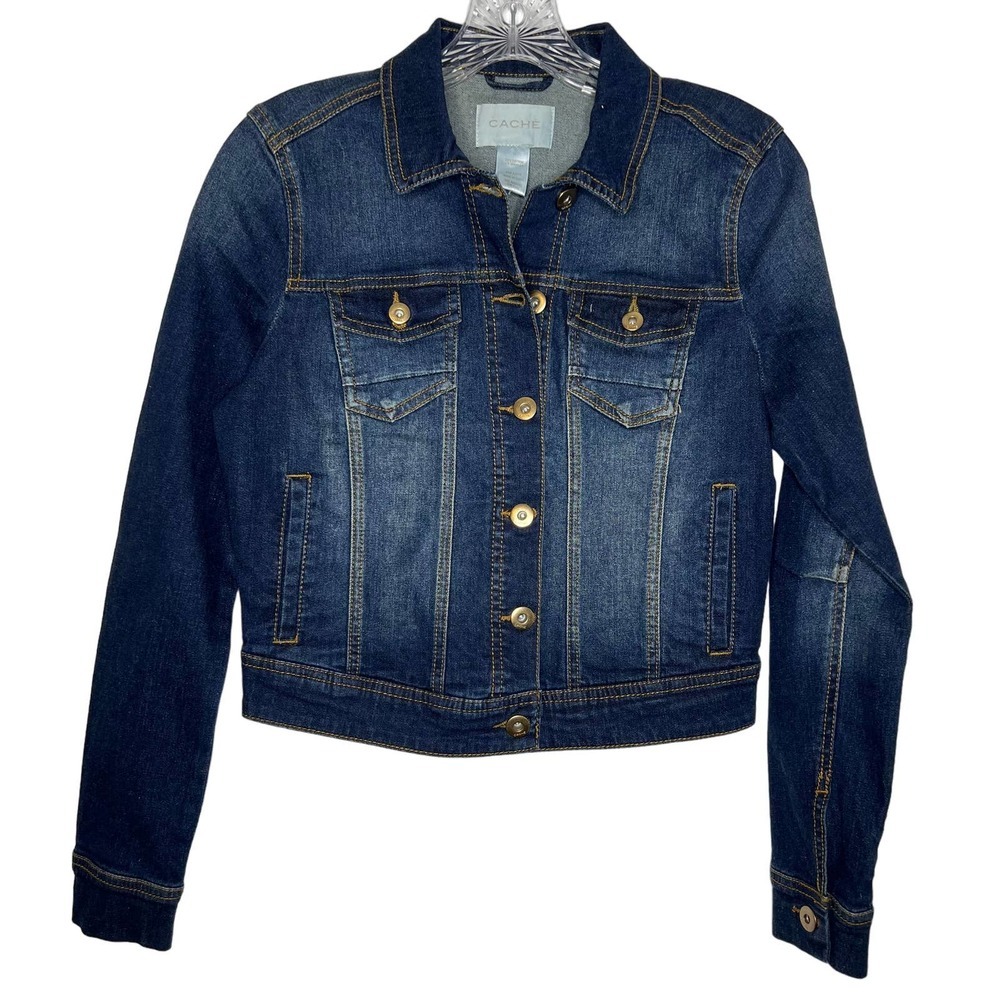 CACHE NWT Women's Dark Blue Denim Wash Jean Jacket Long Sleeves Size XS